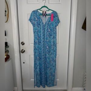 Lilly Pulitzer Vibrant Blue Maxi Dress with earrings